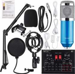 Condensator Microfoon Kit Pro Audio Studio Geluidsopname Microfoon met V8X PRO Muti-functionele Bluetooth Geluidskaart - Podcast-Streaming-Gaming-Game streamen blauw zilver