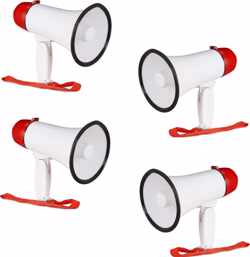 relaxdays 4 x megafoon grappig - megaphone kunststof - wit-rood - stemversterker - 10 watt