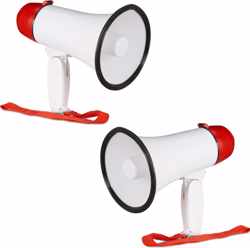relaxdays 2 x megafoon grappig - megaphone kunststof - wit-rood - stemversterker - 10 watt