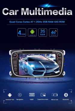 Ford Focus S-Max Mondeo Galaxy C-Max Kuga Android 10 navigatie DVD speler Bluetooth USB WiFi  Zwart
