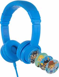 BuddyPhones Explore+ - kindvriendelijke on-ear koptelefoon - geluidsbegrenzing, audio splitter, meegeleverde stickers, blauw