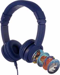 BuddyPhones Explore+ - kindvriendelijke on-ear koptelefoon - geluidsbegrenzing, audio splitter, meegeleverde stickers, donkerblauw