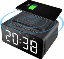 Wekker Nachtkastje Bluetooth-luidspreker FM-radio Niet tikkende met USB-oplader en draadloos QI-opladen, 3 niveaus digitaal dimbaar led-display, netvoeding met back-upbatterij