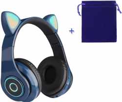 Kinder Hoofdtelefoon-Draadloze Koptelefoon-Kids-Over Ear-Bluetooth-Opbergzak-Microfoon-Katten Oorjtes-Led Verlichting- Blauw