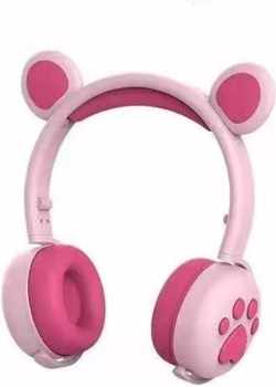 Kinder Hoofdtelefoon-Draadloze Koptelefoon-Kids-Over Ear-Bluetooth-Microfoon-Beren Oorjtes-Led Verlichting-Dark Pink