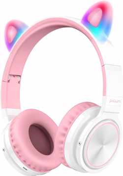 Lovnix Lucky Cat - Draadloze Bluetooth Kinderkoptelefoon - Over-Ear Koptelefoon voor Kinderen - Met Led Kat Oortjes - Wit/Roze