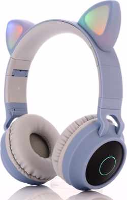 Kinder hoofdtelefoon - koptelefoon Bluetooth met led kattenoortjes licht blauw
