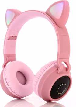 Koptelefoon Kinderen - Kinder Koptelefoon - Koptelefoon met Bluetooth - Zachte Oorkussens Koptelefoon voor Kinderen - Met Led Kattenoortjes - Roze