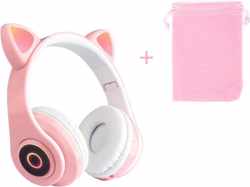 Kinder Hoofdtelefoon-Draadloze Koptelefoon-Kids-Over Ear-Bluetooth-Opbergzak-Microfoon-Katten Oorjtes-Led Verlichting-Roze