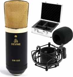 De Devine BM-500 is een zeer compleet geleverde condensator studiomicrofoon. Met zijn matzwarte body en goudkleurige grille misstaat hij in geen enkele moderne studio. Geschikt voor vocalen en akoestische instrumenten.