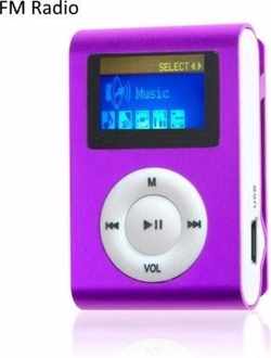 Mini clip MP3 speler FM radio met display Paars en in-ear koptelefoon