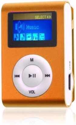 Mini clip MP3 speler FM radio met display Oranje en in-ear koptelefoon