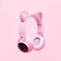 ®Seizoenstunter - Kattenoortjes kinderkoptelefoon - Draadloze Bluetooth hoofdtelefoon - led kattenoortjes - roze