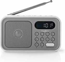 Nedis portable FM radio en klok en wekker 2,1W - 400mAh accu / grijs/wit