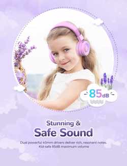 iClever BTH02 Bluetooth kinderhoofdtelefoon met MIC, volumeregeling, verstelbare hoofdband, opvouwbaar (Roze Lila)