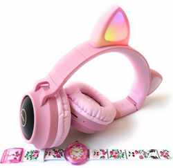 ZaCia Bluetooth Draadloze On-Ear Koptelefoon voor Kinderen Roze Incl. educatief kinderhorloge - Kattenoortjes - Kinder Hoofdtelefoon - Microfoon - HiFi Stereo Audio - Handsfree - Gehoorbescherming - Schakelbare LED-verlichting - Noise Cancelling