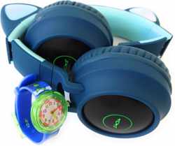 ZaCia Bluetooth Draadloze On-Ear Koptelefoon voor Kinderen Groen Incl. educatief kinderhorloge - Kattenoortjes - Kinder Hoofdtelefoon - Microfoon - HiFi Stereo Audio - Handsfree - Gehoorbescherming - Schakelbare LED-verlichting - Noise Cancelling