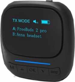 DrPhone StreamX PRO Bluetooth 5.0-zenderontvanger – aptX- OLED scherm– Draadloze  Audio - AUX 3,5mm – 2 koptelefoons tegelijk  - Zwart