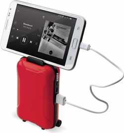 Bluetooth speaker + powerbank Uniek design  |  Bluetooth  |  5.000 mAh  |  3W  |  Lithium polymer batterij  |  Accuduur tot 16 uur  |  Inclusief kabel | koffer trolley